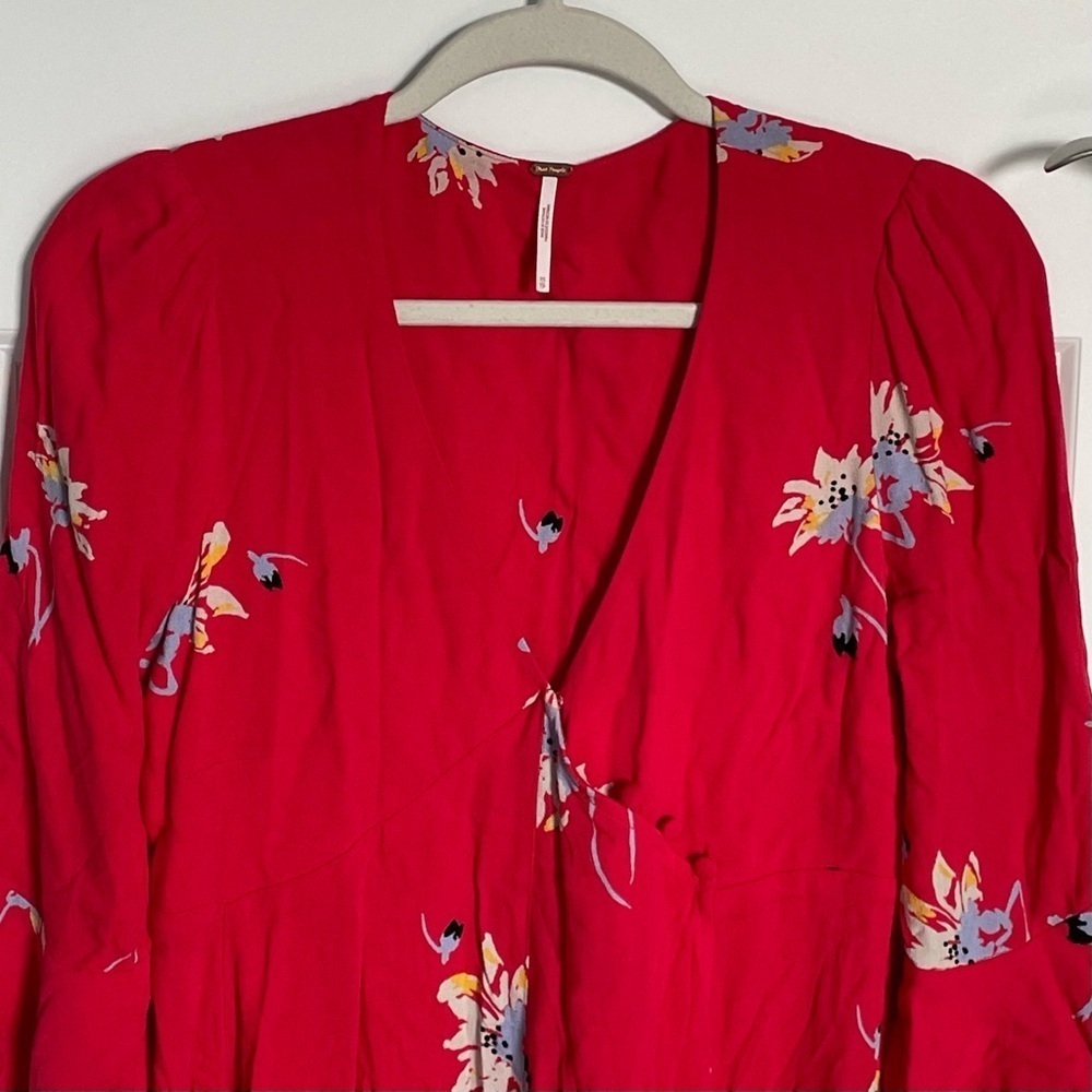 Free People Time On My Side Red Floral Print Wrap Mini Dress - 35555 - Picture 4 of 14